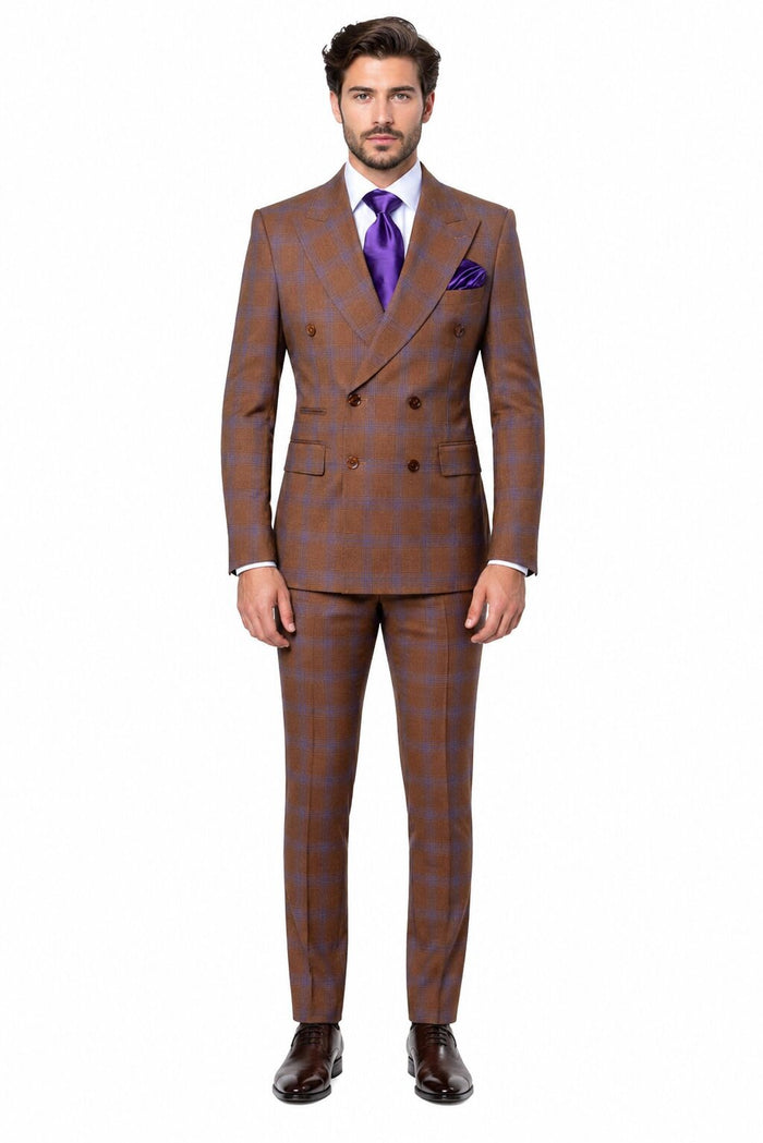 Men’s Brown Plaid Double-Breasted Suit – Premium 2-Piece Classic Checkered Windowpane Suit by Rossiman