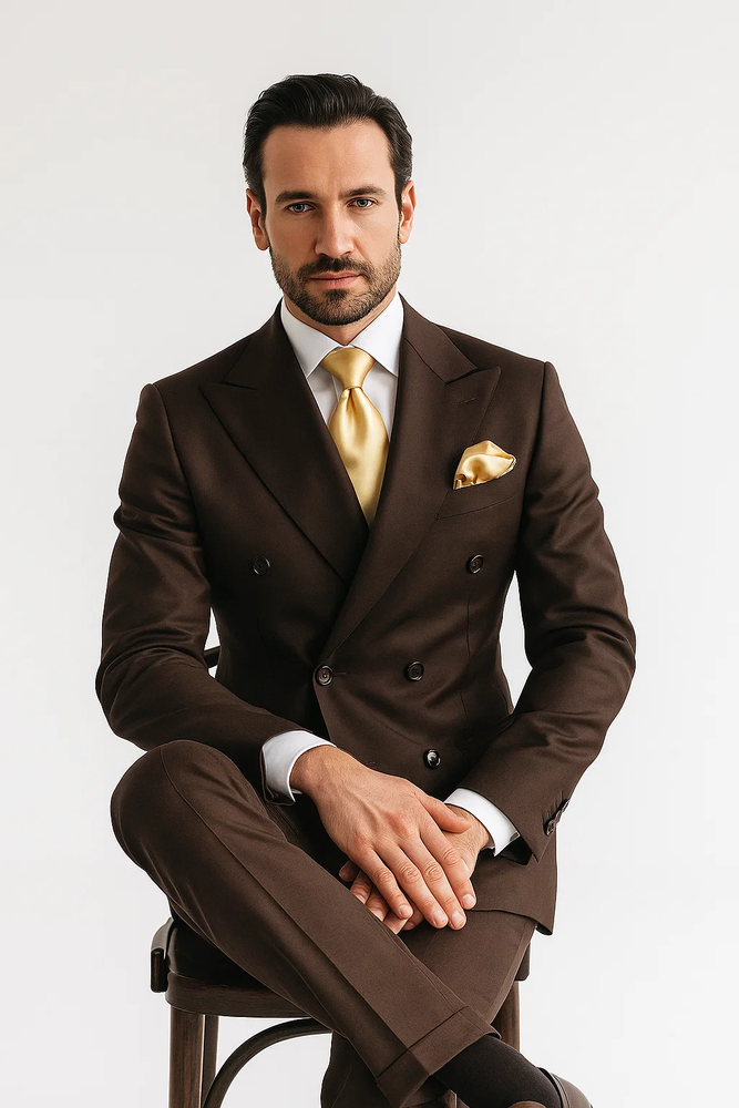 Suits With Baggy Pleated Pants - Wide Leg Pants 100% Wool - Classic Fit in Brown Color by Rossiman