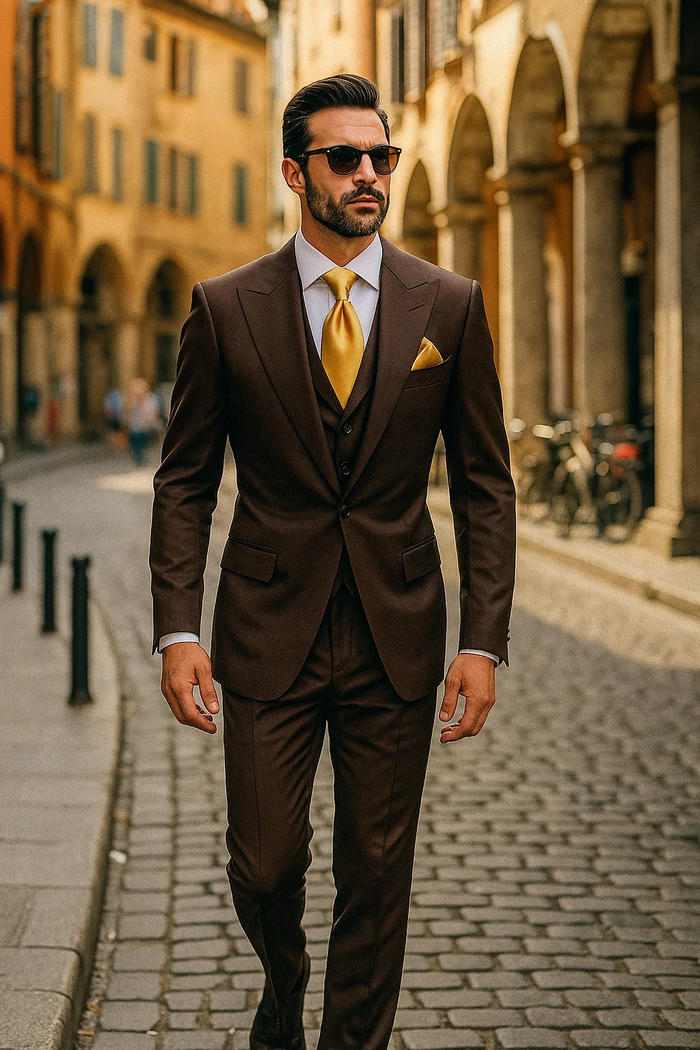 Suits With Baggy Pleated Pants - Wide Leg Pants 100% Wool - Classic Fit in Brown One Button 3 Piece Suit  by Rossiman