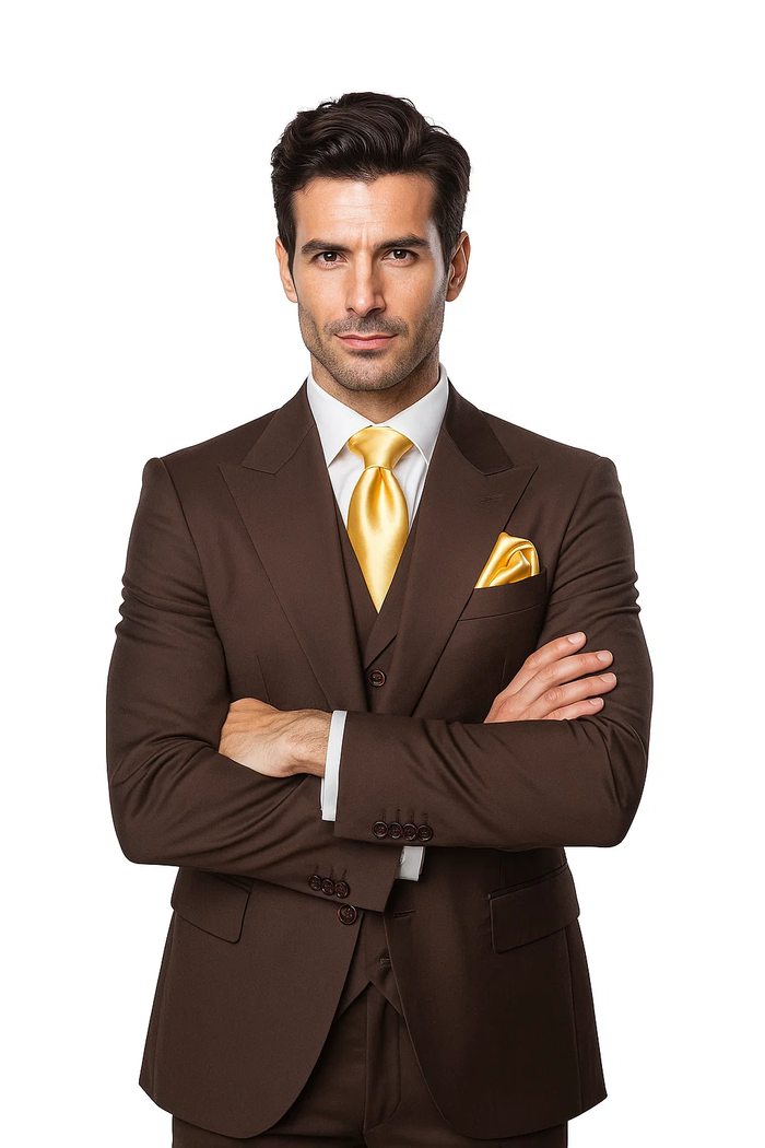 Suits With Baggy Pleated Pants - Wide Leg Pants 100% Wool - Classic Fit in Brown One Button 3 Piece Suit  by Rossiman
