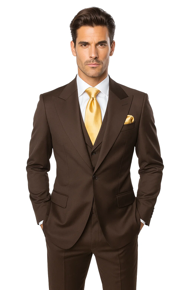 Suits With Baggy Pleated Pants - Wide Leg Pants 100% Wool - Classic Fit in Brown One Button 3 Piece Suit  by Rossiman