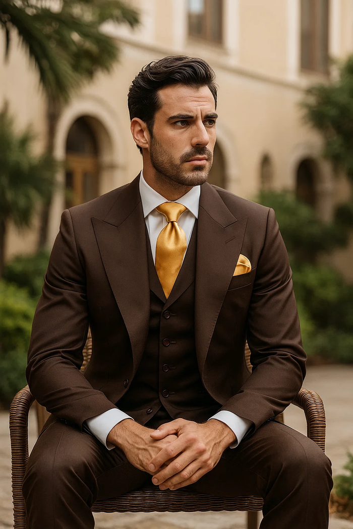Suits With Baggy Pleated Pants - Wide Leg Pants 100% Wool - Classic Fit in Brown One Button 3 Piece Suit  by Rossiman