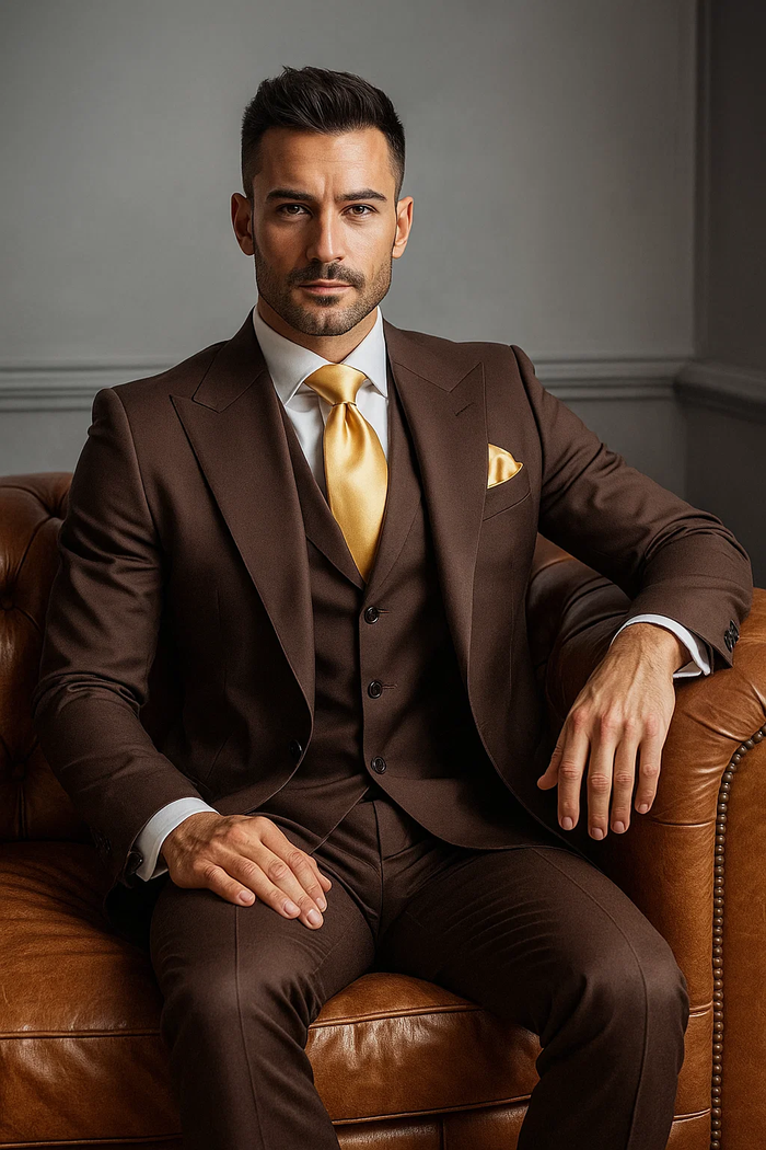Suits With Baggy Pleated Pants - Wide Leg Pants 100% Wool - Classic Fit in Brown One Button 3 Piece Suit  by Rossiman