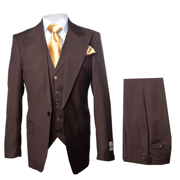 Suits With Baggy Pleated Pants - Wide Leg Pants 100% Wool - Classic Fit in Brown One Button 3 Piece Suit  by Rossiman