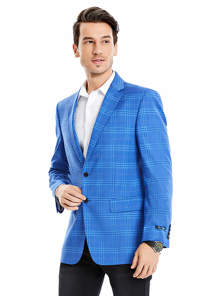 Men's Light Blue Windowpane Plaid Blazer by Tazzio Suits