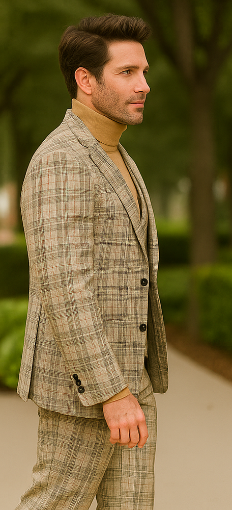 Burberry Pattern Suit - Mens Church Suit with Mixture of Black and Red Checkered Window Pane Fabric Suit in Tan Color