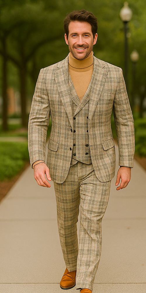 Burberry Pattern Suit - Mens Church Suit with Mixture of Black and Red Checkered Window Pane Fabric Suit in Tan Color
