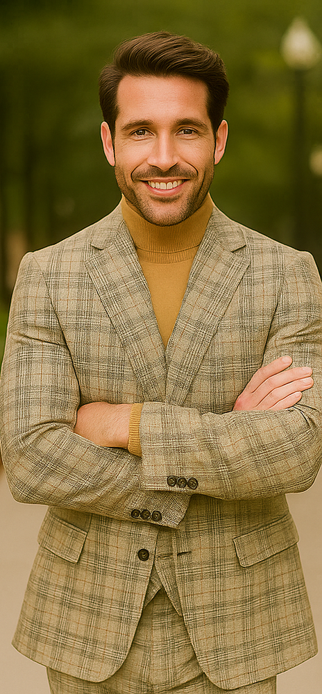 Burberry Pattern Suit - Mens Church Suit with Mixture of Black and Red Checkered Window Pane Fabric Suit in Tan Color