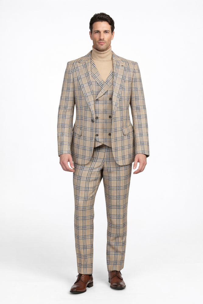 Burberry Pattern Suit - Mens Church Suit with Mixture of Black and Red Checkered Window Pane Fabric Suit in Tan Color
