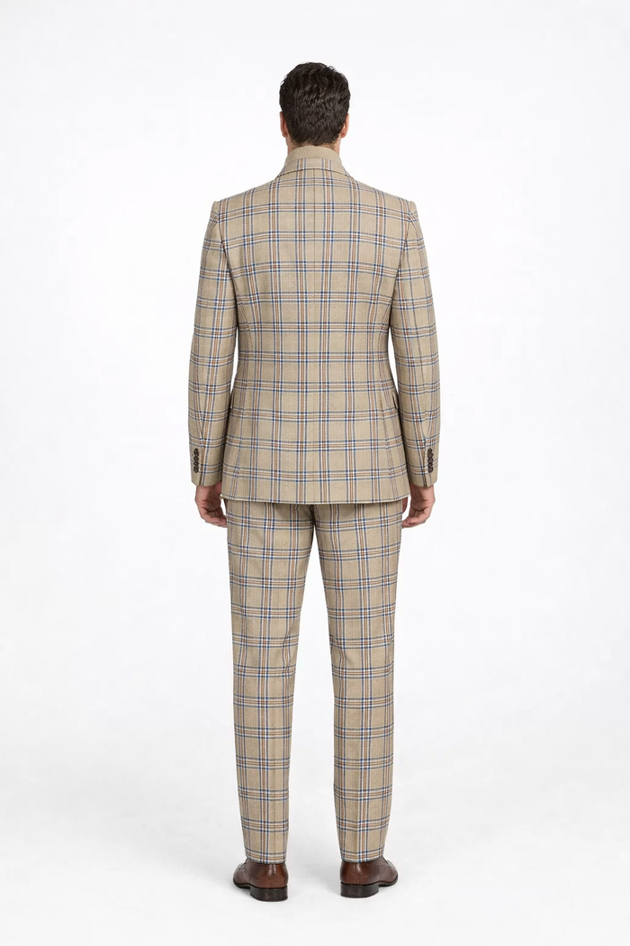 Burberry Pattern Suit - Mens Church Suit with Mixture of Black and Red Checkered Window Pane Fabric Suit in Tan Color