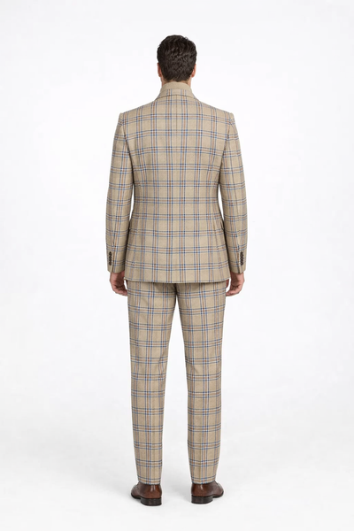 Burberry Pattern Suit - Mens Church Suit with Mixture of Black and Red Checkered Window Pane Fabric Suit in Tan Color