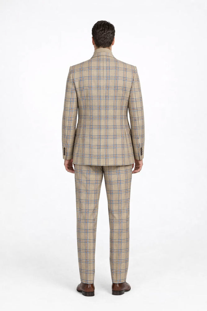 Burberry Pattern Suit - Mens Church Suit with Mixture of Black and Red Checkered Window Pane Fabric Suit in Tan Color