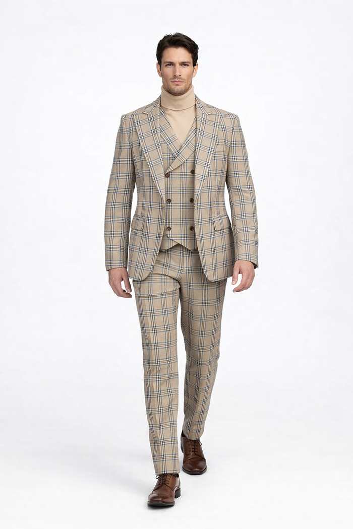 Burberry Pattern Suit - Mens Church Suit with Mixture of Black and Red Checkered Window Pane Fabric Suit in Tan Color