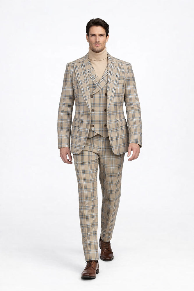 Burberry Pattern Suit - Mens Church Suit with Mixture of Black and Red Checkered Window Pane Fabric Suit in Tan Color