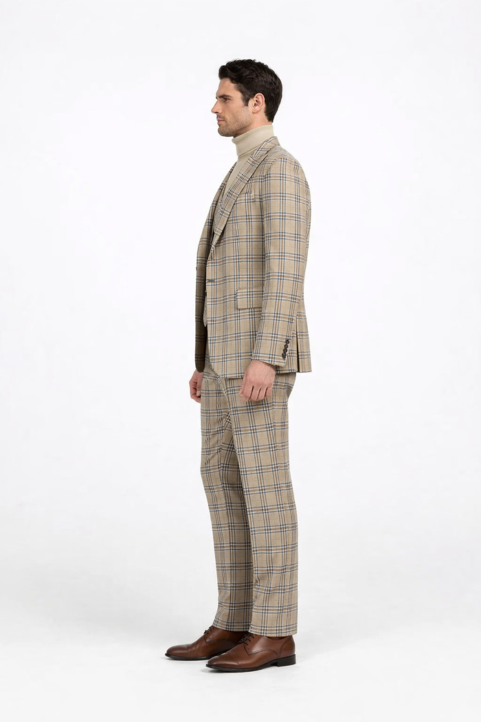 Burberry Pattern Suit - Mens Church Suit with Mixture of Black and Red Checkered Window Pane Fabric Suit in Tan Color