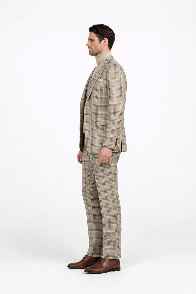Burberry Pattern Suit - Mens Church Suit with Mixture of Black and Red Checkered Window Pane Fabric Suit in Tan Color