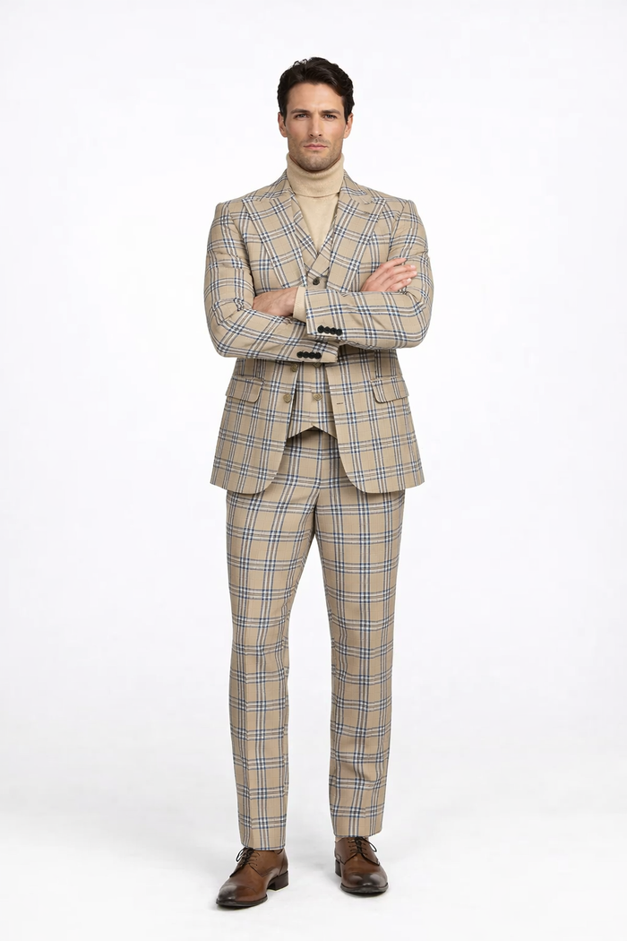 Burberry Pattern Suit - Mens Church Suit with Mixture of Black and Red Checkered Window Pane Fabric Suit in Tan Color