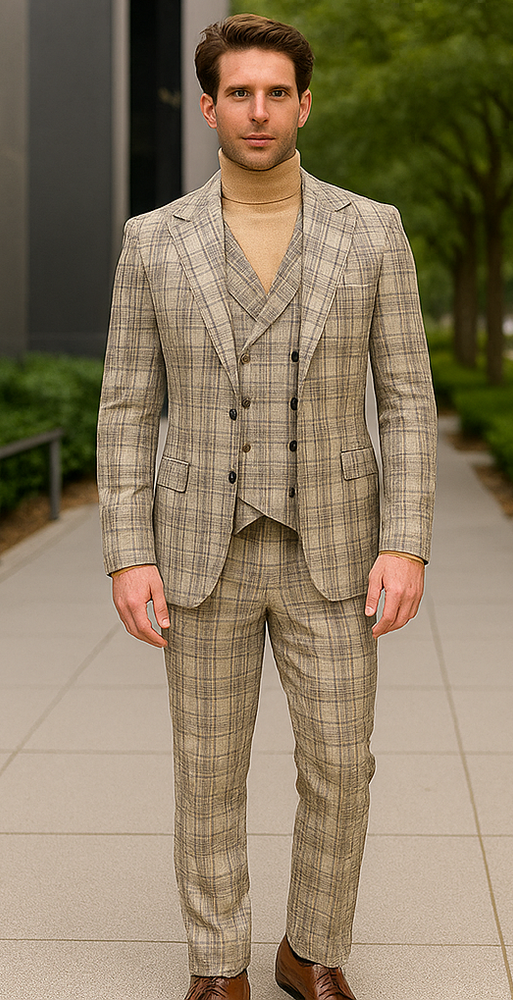 Burberry Pattern Suit - Mens Church Suit with Mixture of Black and Red Checkered Window Pane Fabric Suit in Tan Color