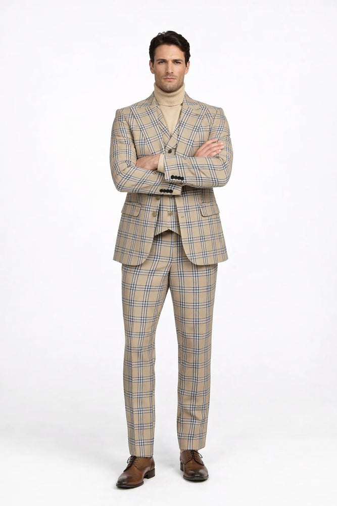 Burberry Pattern Suit - Mens Church Suit with Mixture of Black and Red Checkered Window Pane Fabric Suit in Tan Color