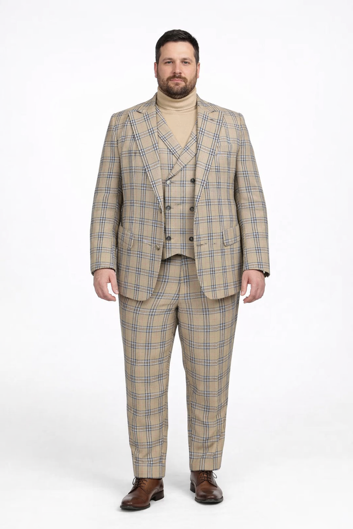 Burberry Pattern Suit - Mens Church Suit with Mixture of Black and Red Checkered Window Pane Fabric Suit in Tan Color
