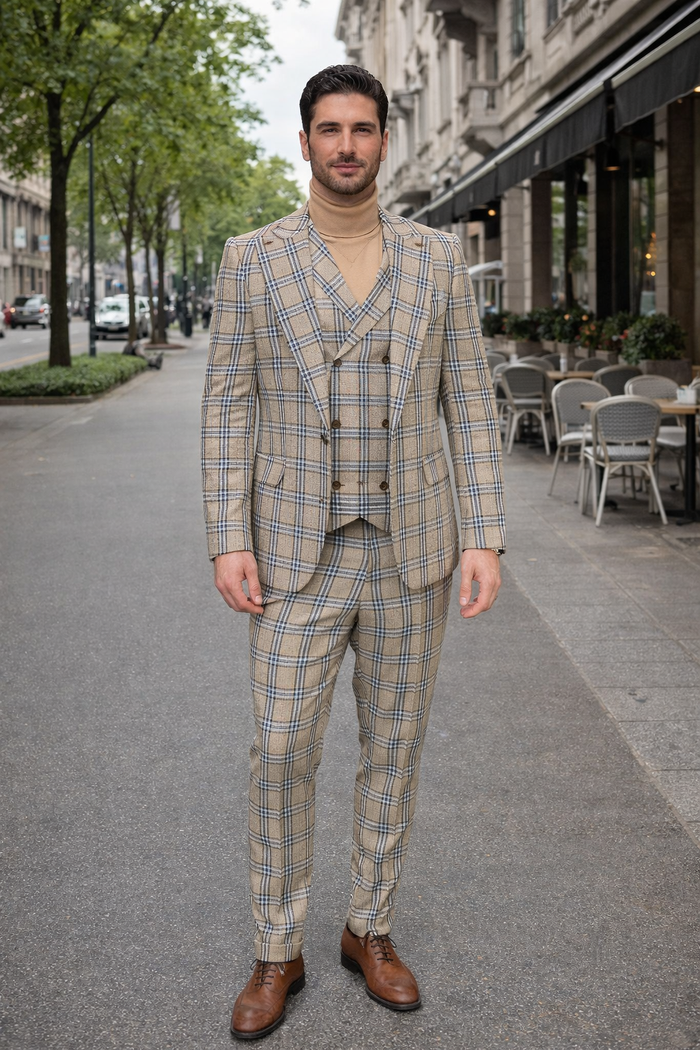 Burberry Pattern Suit - Mens Church Suit with Mixture of Black and Red Checkered Window Pane Fabric Suit in Tan Color