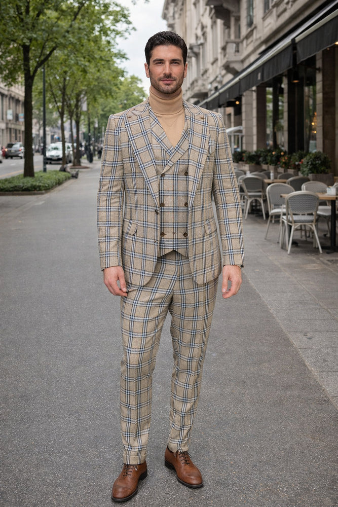 Burberry Pattern Suit - Mens Church Suit with Mixture of Black and Red Checkered Window Pane Fabric Suit in Tan Color