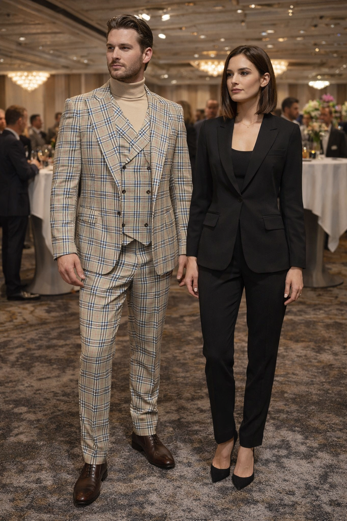 Burberry Pattern Suit - Mens Church Suit with Mixture of Black and Red Checkered Window Pane Fabric Suit in Tan Color