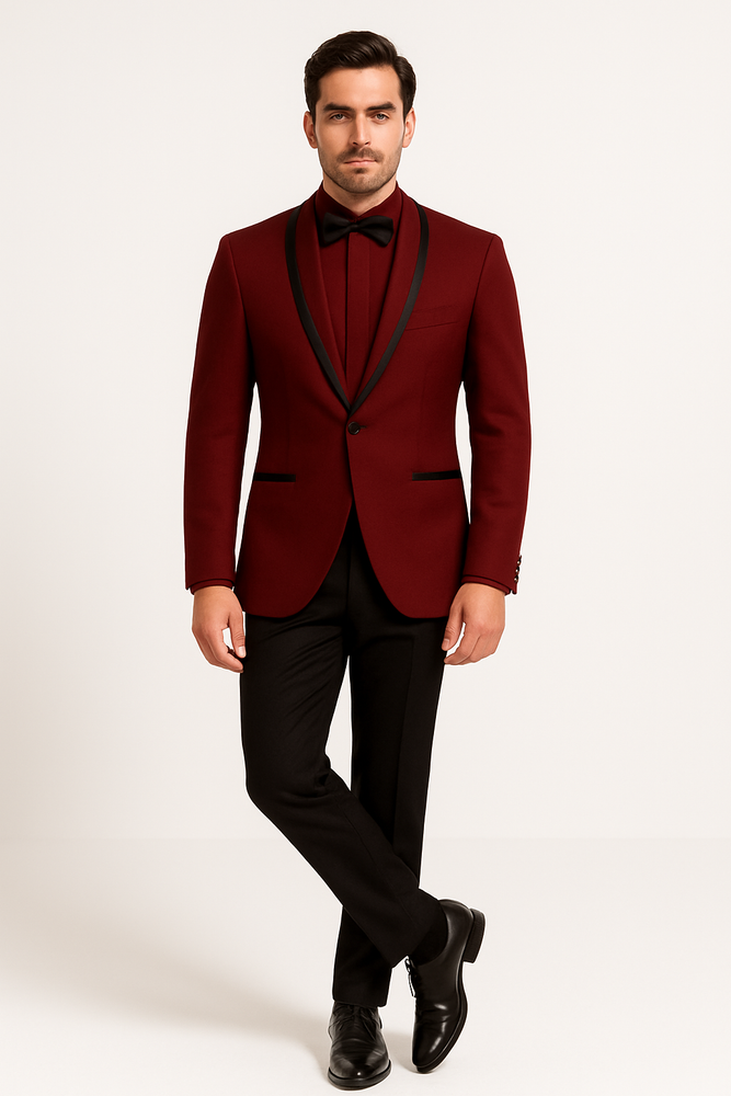 Prom 2025 ~ Wedding Tuxedo Dinner Jacket Burgundy and Black Trim