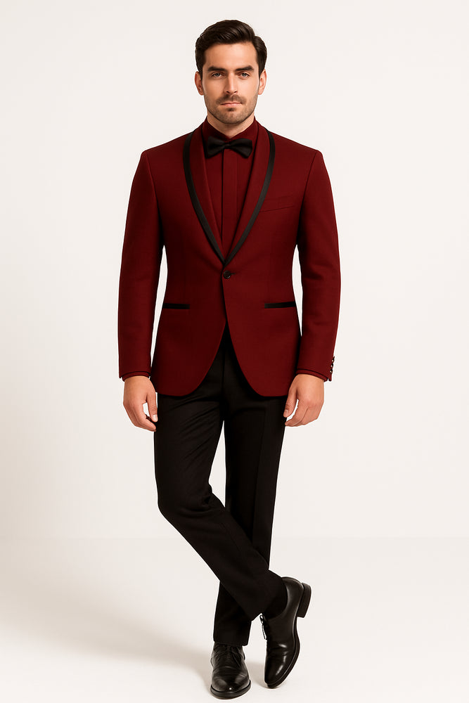 Prom 2026 ~ Wedding Tuxedo Dinner Jacket Burgundy and Black Trim