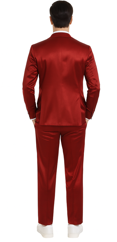 Burgundy Satin Double Breasted 3 Piece Skinny Fit Tazzio Men's Suit with Peak Lapel