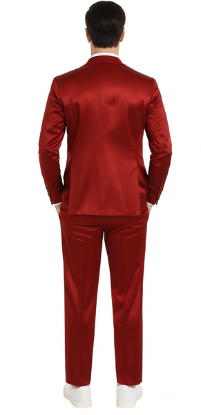Burgundy Satin Double Breasted 3 Piece Skinny Fit Tazzio Men's Suit with Peak Lapel