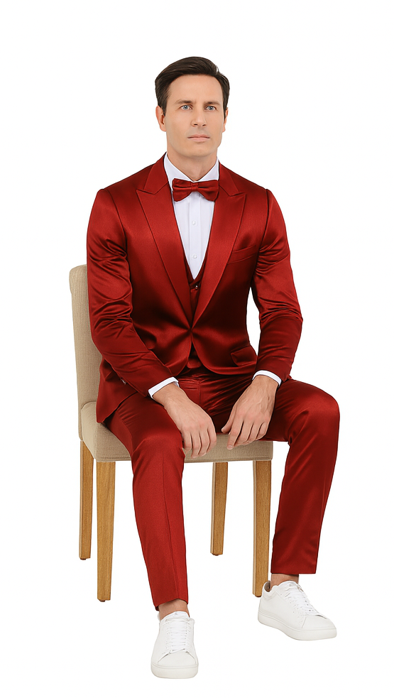 Burgundy Satin Double Breasted 3 Piece Skinny Fit Tazzio Men's Suit with Peak Lapel