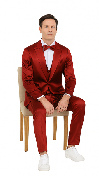 Burgundy Satin Double Breasted 3 Piece Skinny Fit Tazzio Men's Suit with Peak Lapel
