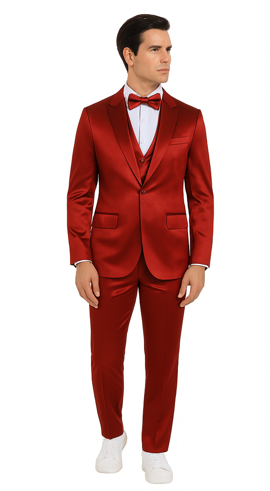 Burgundy Satin Double Breasted 3 Piece Skinny Fit Tazzio Men's Suit with Peak Lapel