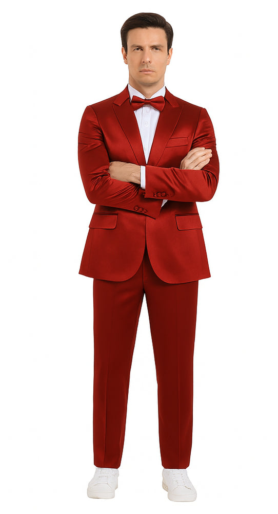 Burgundy Satin Double Breasted 3 Piece Skinny Fit Tazzio Men's Suit with Peak Lapel