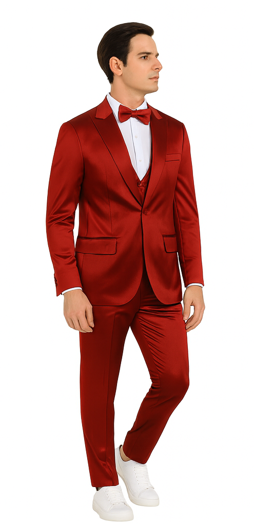 Burgundy Satin Double Breasted 3 Piece Skinny Fit Tazzio Men's Suit with Peak Lapel