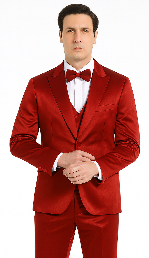 Burgundy Satin Double Breasted 3 Piece Skinny Fit Tazzio Men's Suit with Peak Lapel