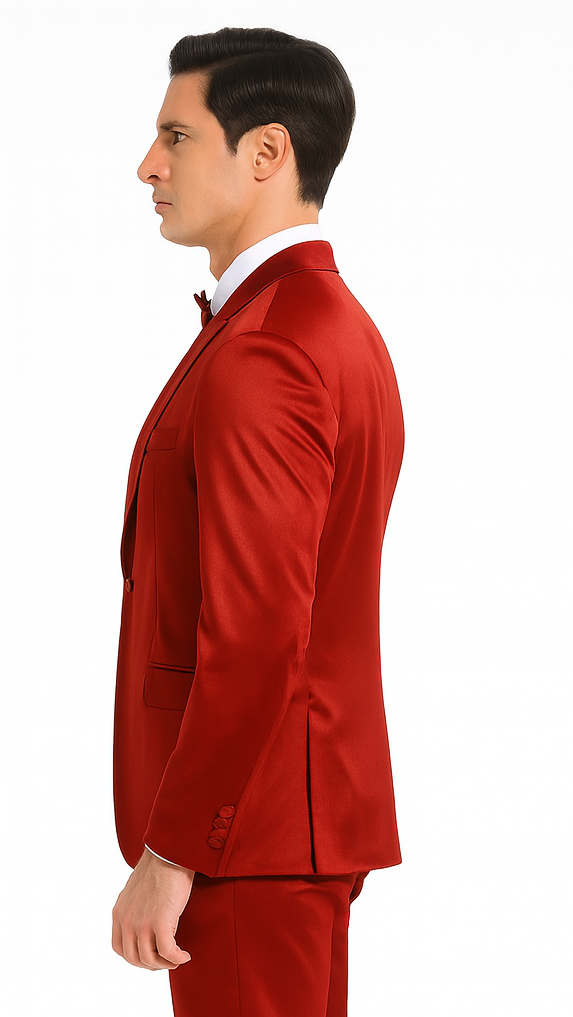 Burgundy Satin Double Breasted 3 Piece Skinny Fit Tazzio Men's Suit with Peak Lapel
