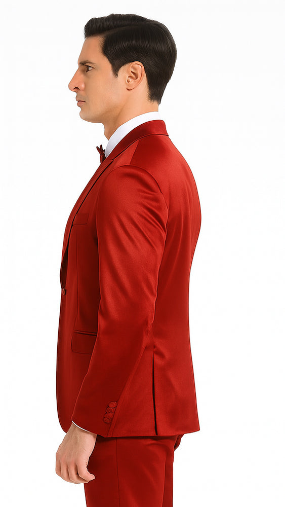 Burgundy Satin Double Breasted 3 Piece Skinny Fit Tazzio Men's Suit with Peak Lapel