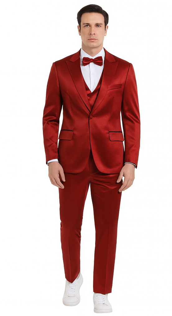 Burgundy Satin Double Breasted 3 Piece Skinny Fit Tazzio Men's Suit with Peak Lapel