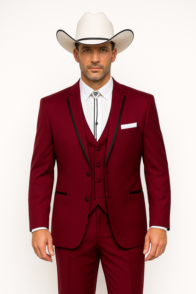 SKU#JA60892 Country Tuxedos Mens Traje Vaquero - Burgundy Tuxedo