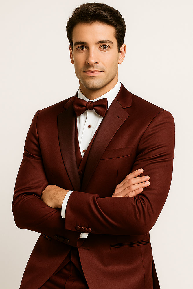 GroomFit: Burgundy Satin Tuxedo Ensemble