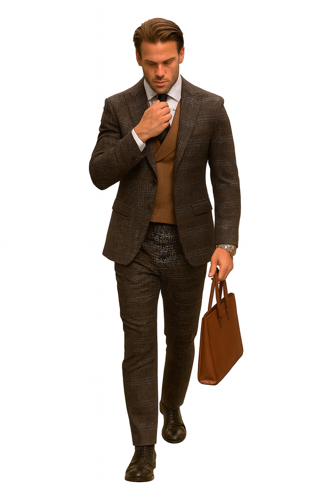 Athletic Suit - Brown Windowpane - Plaid Suit Modern Fit Side Vented Super 150's Wool Fabric