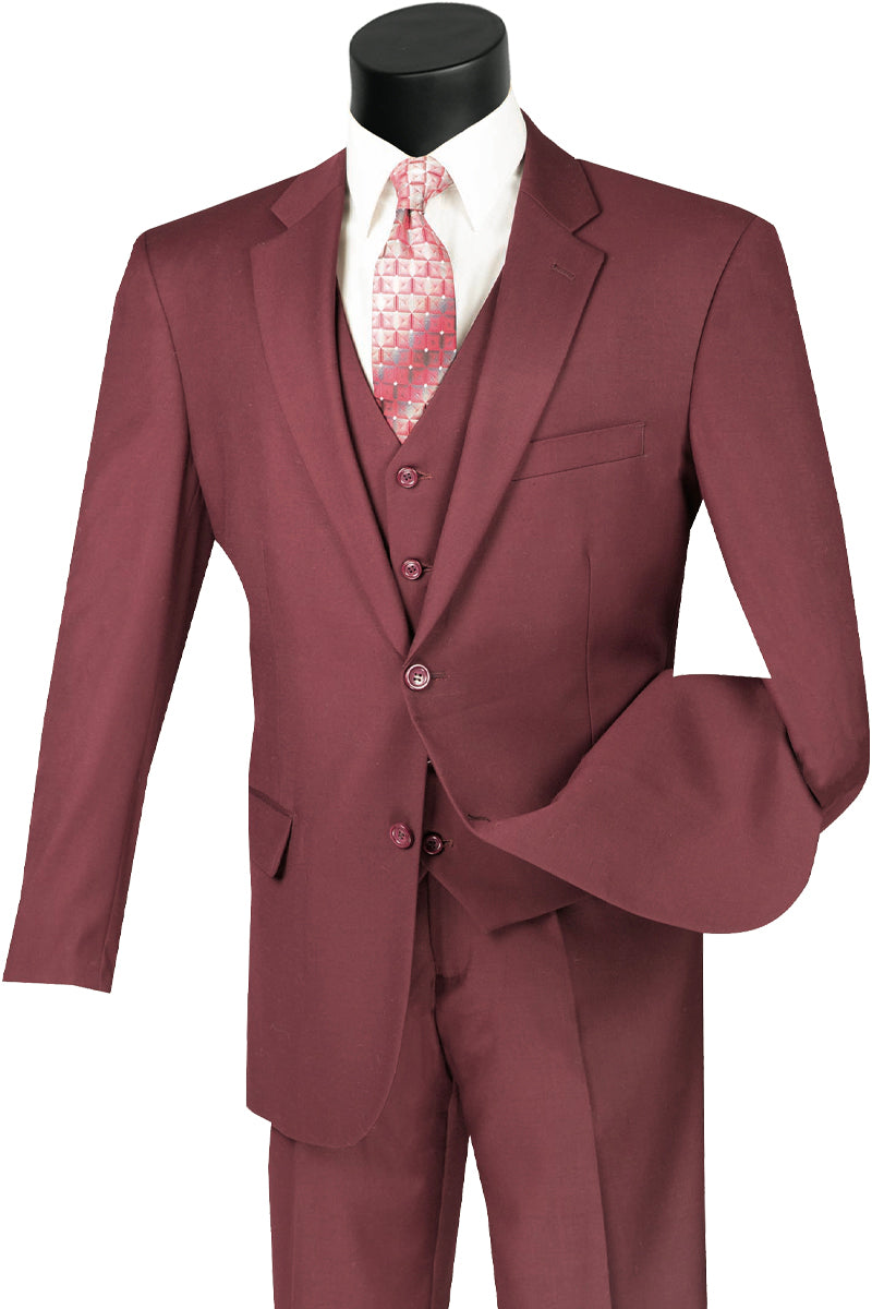 Mens Classic Fit Flat Front Vested Suit in Burgundy — Menssuitsatlanta