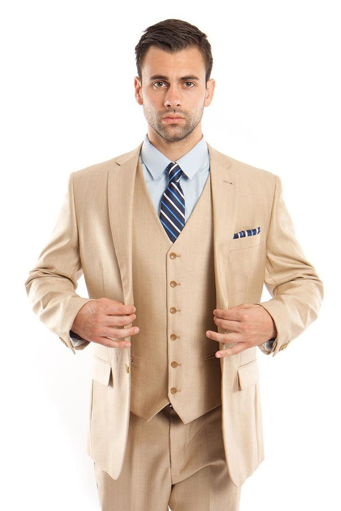 Men's Light Beige Sharkskin Business Suit from Tazzio Suits