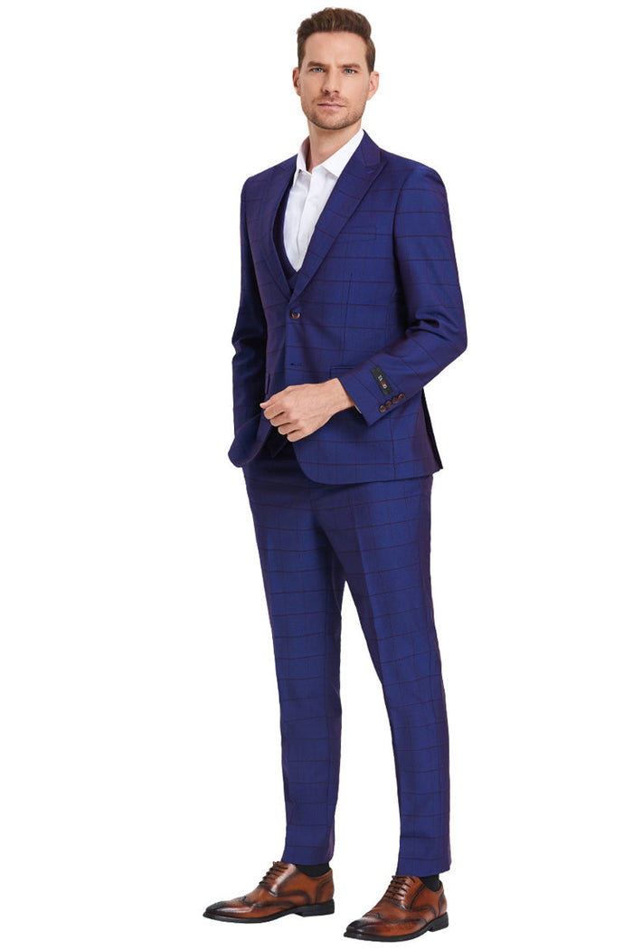 Men’s Indigo Blue Windowpane Suit with Vest & Peak Lapel