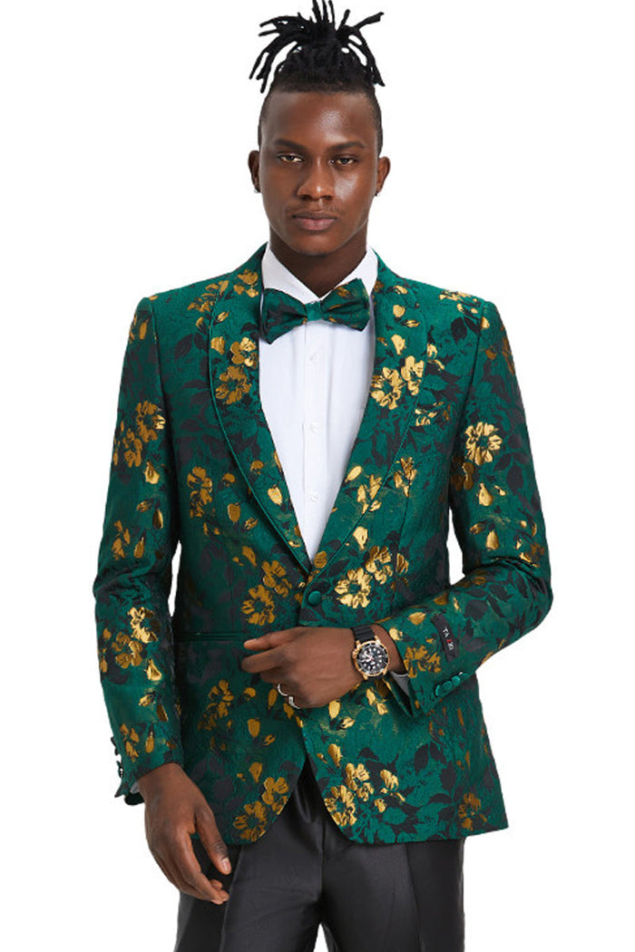 Men's Slim Fit Paisley Prom & Wedding Blazer in Hunter Green & Gold