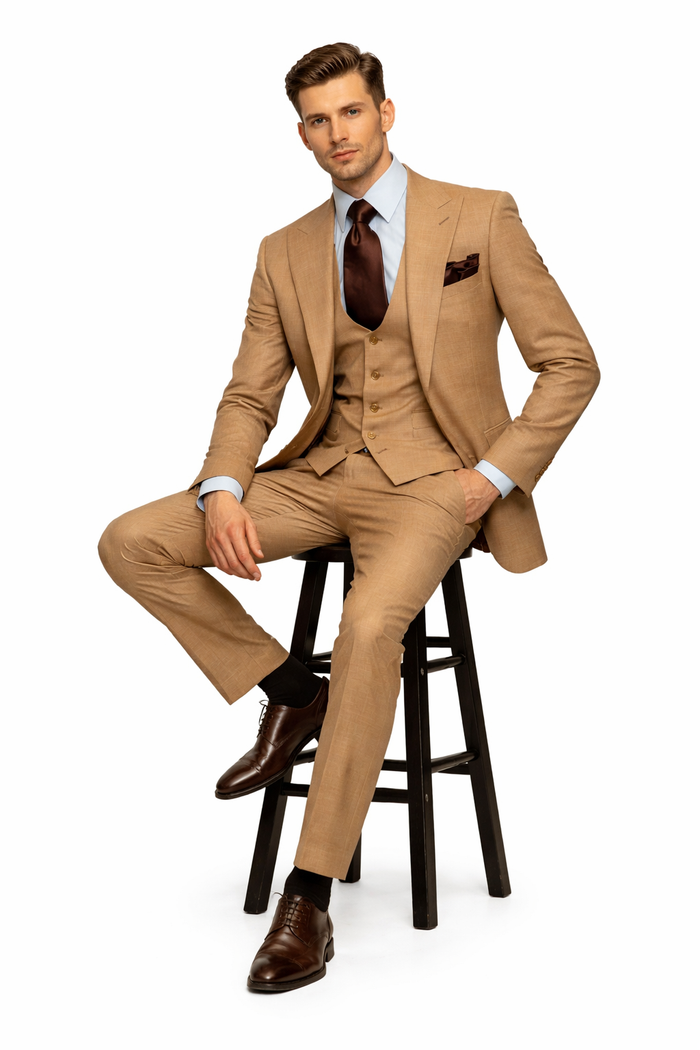 Camel Crest Tan Crosshatch 3-Piece Heritage Suit by Rossiman