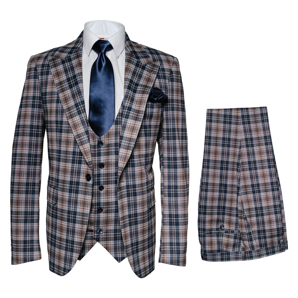 Camel & Navy Tartan 3-Piece Modern Wedding Suit