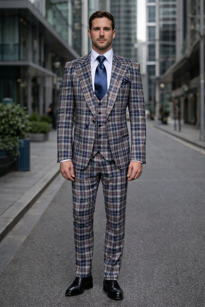 Camel & Navy Tartan 3-Piece Modern Wedding Suit
